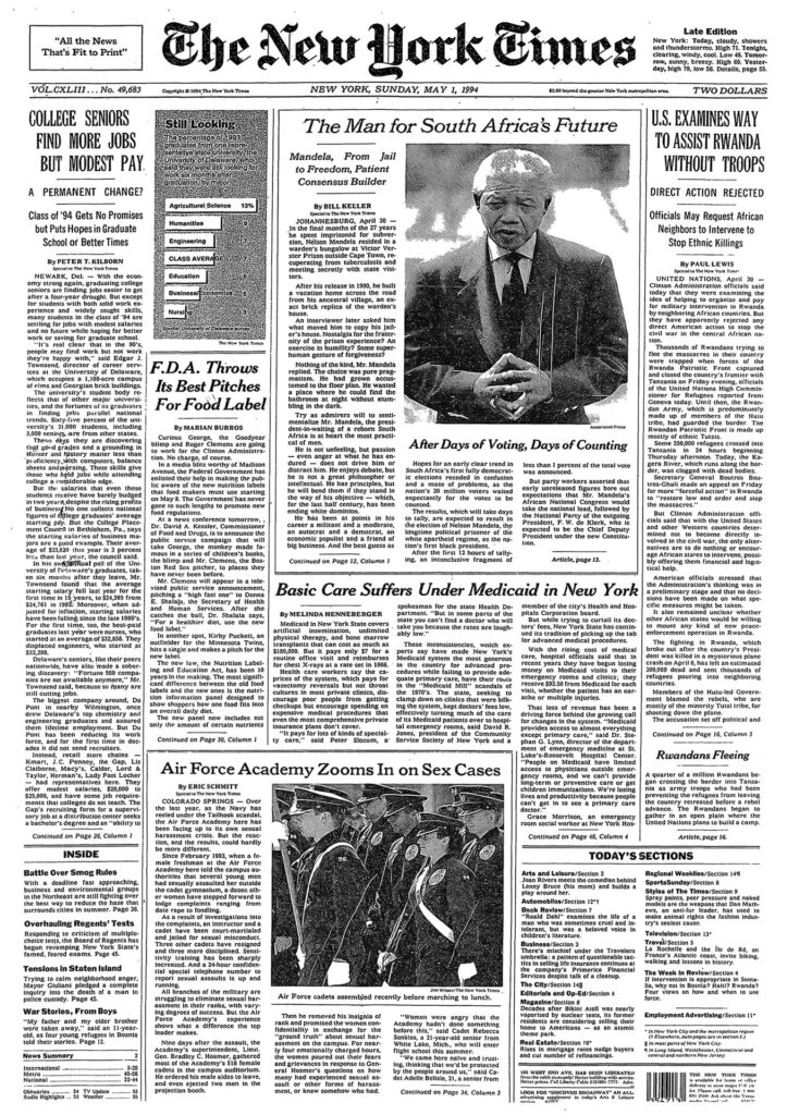 Front cover page of the New York Times dated May 1, 1994. The headline article is titled “The Man for South Africa’s Future” and features a photograph of Nelson Mandela, the newly elected president of South Africa.