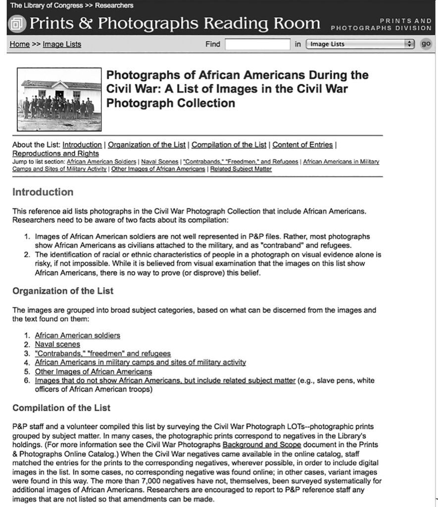 Page from the website of the Library of Congress detailing references to photographs of African Americans during the Civil War.