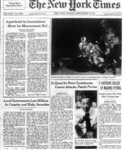 Cover page of the New York Times. The article on the left reads, “Apartheid is Demolished. Must its Monuments Be?” The photograph on the right is a nighttime shot of a group of Marines in the process of subduing Haitian citizens. The article in the center reads, “In Quest for Perot Constituents, Cuomo Attacks, Pataki Parries.”